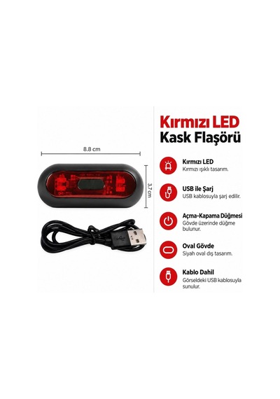 Buffer Usb Şarjlı Kırmızı Led Kask Flaşörü, Açma Kapama Düğmeli Siyah Oval Gövde, Usb Kablolu 8,8 X 3,7 Cm Kask Aydınlatma Işığı İndigo