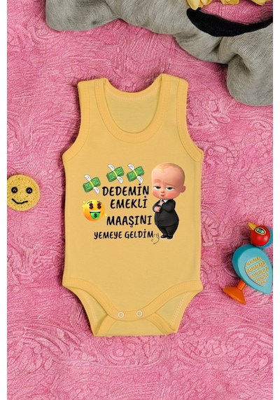 Bebetospik %100 Pamuklu Dedemim Emekli Maaşını Yemeye Geldim Baskılı Yumuşak Doku Baskılı Zıbın & Body Sarı