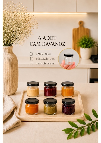 6 Adet 40 Ml Metal Kapaklı Şeffaf Numune Mama Ek Gıda Şekerleme Reçellik Küçük Cam Kavanoz Siyah