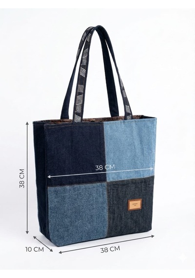 Kadın Denim Patchwork El Yapımı Özel Tasarım Büyük Boy Tote Omuz Çantası Çok renkli