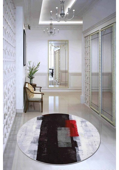 Kırmızı Kaymaz Tabanlı Modern Yuvarlak Mutfak Halısı Ar566n11