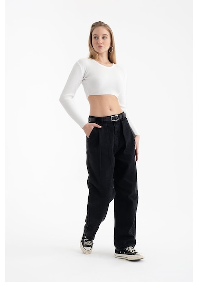 Hiccup Yuvarlak Yakalı Fitilli Örme Uzun Kollu Crop Top Tozlu Beyaz