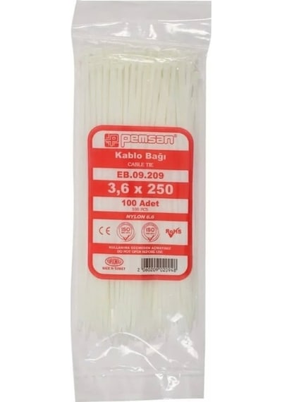Pemsan Kablo Bağı 3,6x250 Beyaz 100 Adet