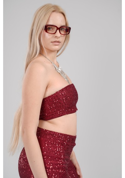 Mayrem Pul Payet Straplez Crop & İspanyol Paça Set Takım Bordo