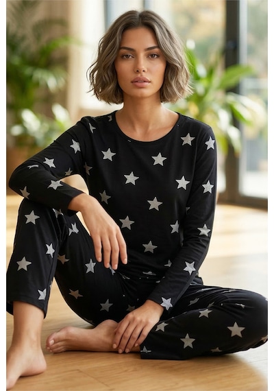 Siyah İnci Pamuklu Pijama Takımı 7681 Siyah Beyaz Yıldız