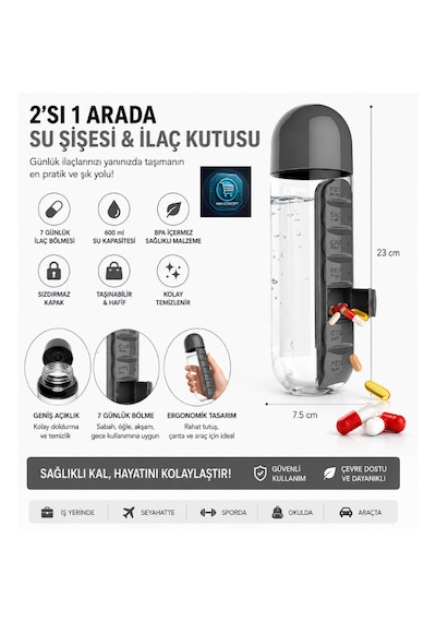 Su Şişesi & Ilaç Kutusu 2'si 1 Arada 600 Ml Matara Suluk Siyah