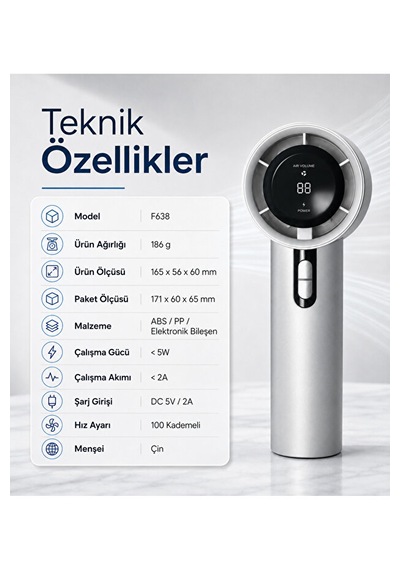 100 Kademeli Dijital Göstergeli Şarjlı El Tipi Fan Taşınabilir Mini Masaüstü Fan Gri