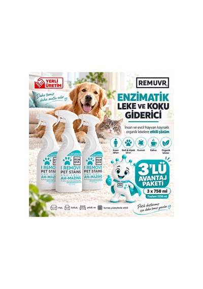 Leke Çıkarıcı Enzimatik Sprey 750 Ml Halı Koltuk Kumaş Kedi Köpek İdrar Ve Koku Giderici X 3 Adet Kedi Köpek, Halı Koltuk Yatak