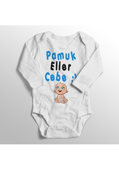 İmaj Tuğbababy Unisex Beyaz Bebek Pamuk Eller Cebe Yazısı Baskılı Body Zıbın Beyaz