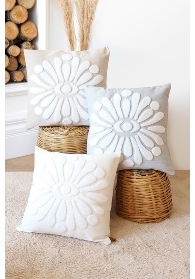 Bohem Özel Tasarım Punch Panç Desen Kare Dekoratif Kırlent Kılıfı 43x43 cm Boho Krem