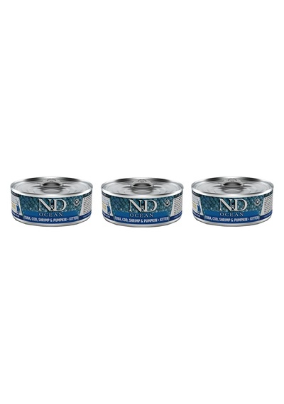 N&D Ocean Ton Balığı, Morina Balığı, Karides ve Balkabaklı Konserve Yavru Kedi Maması 3 x 70 G
