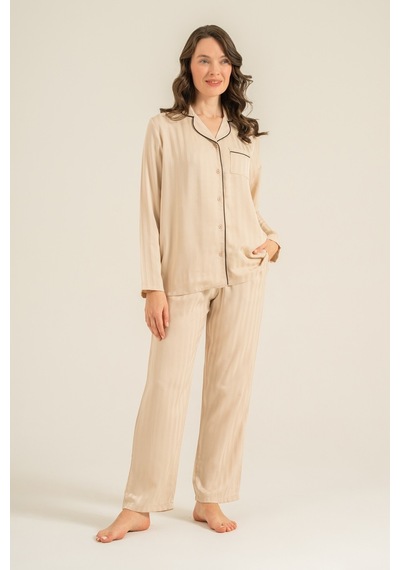 Pierre Cardin Kadın Bej Dokuma Kumaş Gömlek Pijama Takım, Viskon Kumaş Bej