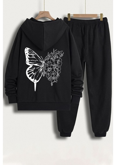 Uyguntarz Unisex Drawing Butterflies Sırt Baskılı Eşofman Takımı Siyah