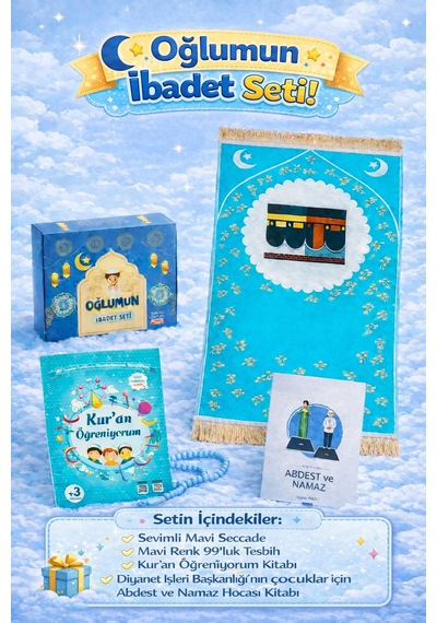 Oğlumun İbadet Seti Kabe Desenli Erkek Çocuk Seccade, Elifba Ve Namaza İlk Adım Seti Mavi