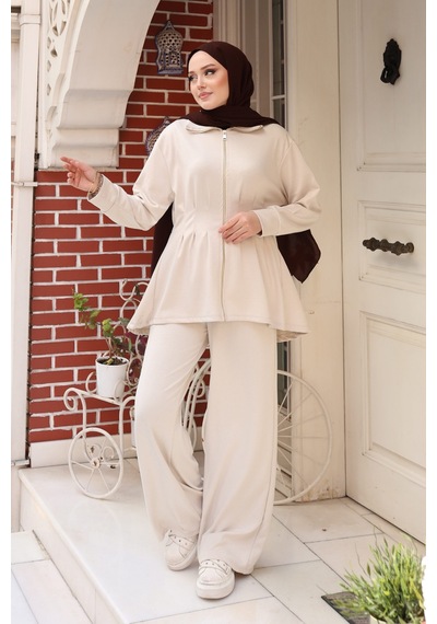 Balenbi Kadın Oversize Kesim Beli Pileli Ful Fermuarlı Modal Takım 1235 Taş