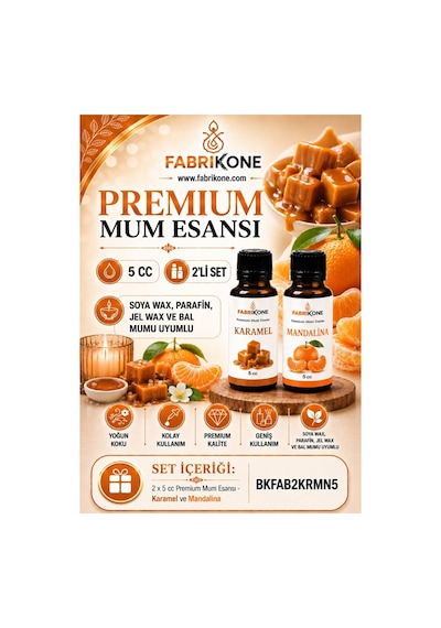 Premium Mum Esansı 5 Cc 2'li Set - Karamel, Mandalina - Soya Wax, Parafin, Jel Wax Ve Bal Mumu Uyumlu Bkfab2krmn5 Karışık