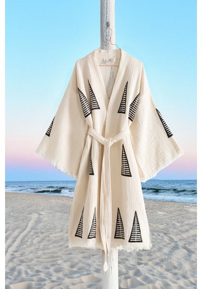 Varol Organik %100 Pamuk Kimono Yaka Sabalık Bornoz Plaj Elbisesi - Piramit - S/m Krem/s/m Krem