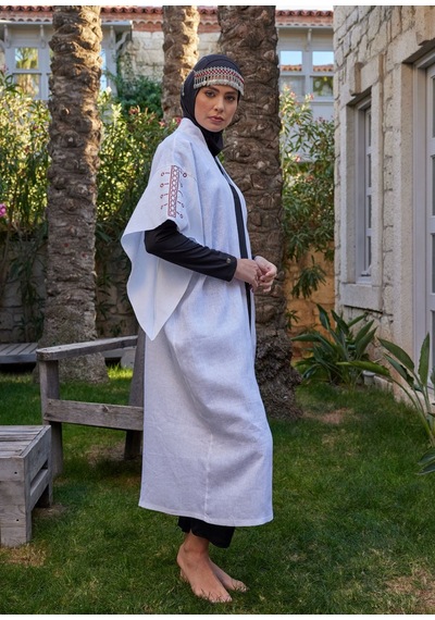 Mayovera Kimono - Nakışlı Beyaz %100 Keten Plaj Elbisesi Beyaz