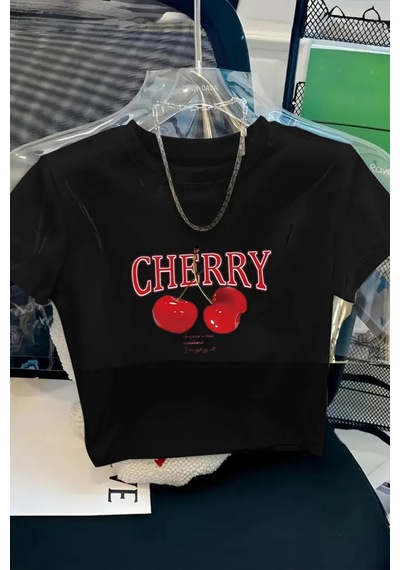 Cool Tarz Kadın Baskılı Crop Tişört - Cherry Desenli, Yazlık Kısa Kollu Bluz Siyah Siyah