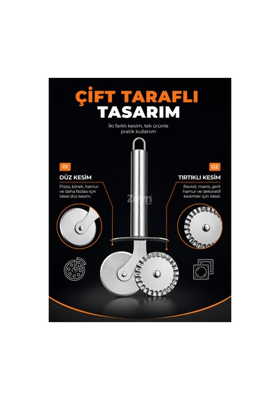 Paslanmaz Çelik Çift Taraflı Pizza Ve Hamur Kesici Metal Ravioli, Börek Ve Kurabiye Kesme Ruleti Gri