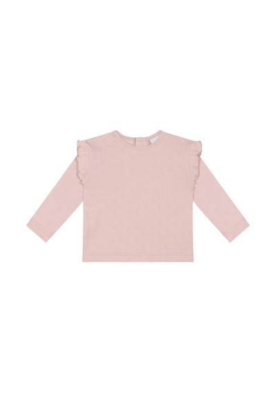 Antebies Organik Pembe Kalp Jakarlı Fırfırlı Uzun Kollu Kız Bebek Tshirt