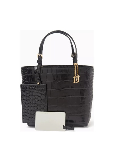 Elisabetta Franchi Timsah Desenli Deri Mini Tote Çanta, Şık & Lüks El Çantası Siyah