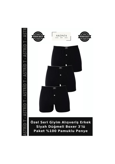 Astrid T Özel Seri Giyim Alışveriş Erkek Siyah Düğmeli Boxer 3'lü Paket %100 Pamuklu Penye