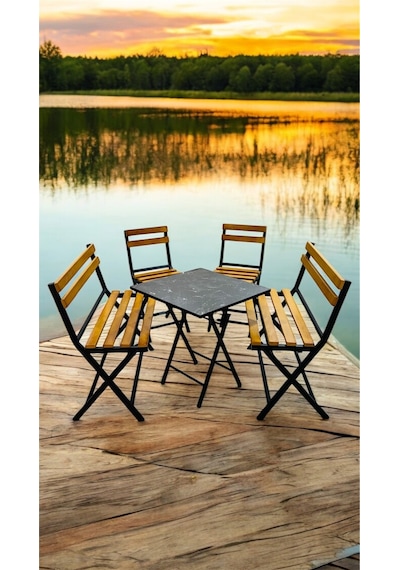 Modern 2-2-1-1 Balkon Bahçe Mutfak Bistro Set Katlanır Masa-sandalye 6 Kişilik Sarı