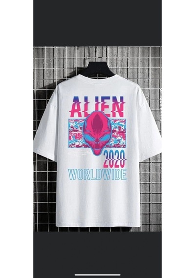 Tarzsokak Erkek Beyaz Alıen Oversize Bisiklet Yaka Tshirt Beyaz
