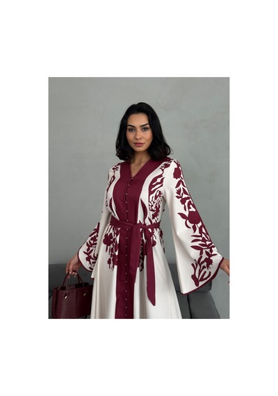 Wellway Atlas Kumaş Mendil Kol Çiçek Desenli Elbise Kemer Dahildir -bordo-2507 Bordo