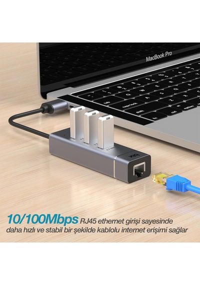 Bx03hb Usb 2.0 Hub 3 Port Ve Rj45 Ethernet Adaptör 10/100mbps Macbook Uyumlu Çoklayıcı 3 Adet Usb 2.0 Ve 1 Adet Ethernet