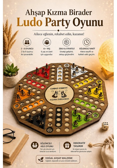 Ahşap Ludo Oyunu Kızma Birader - 6 Kişilik Premium Masa Oyunu