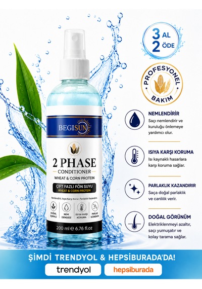 Begisun Fön Suyu Çift Fazlı Buğday & Mısır Proteinli Isı Koruyucu Saç Bakım Spreyi 200 Ml