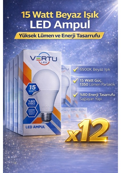 Led Ampul 15 Watt Beyaz Işık 6500k Yüksek Lümen E27 Duy Enerji Tasarruflu 12 Adet