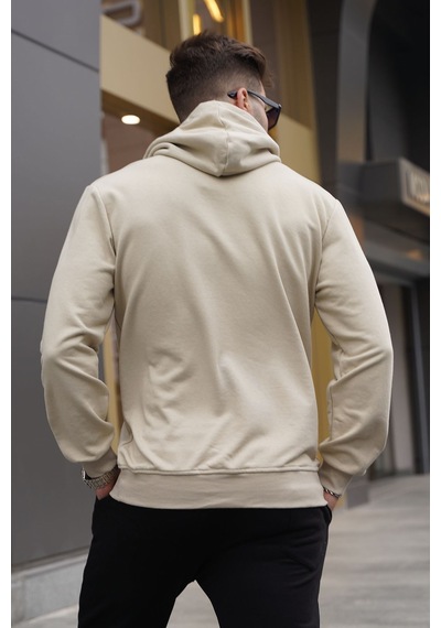 Madmext Bej Kapüşonlu Baskılı Erkek Sweatshirt 6017 Bej