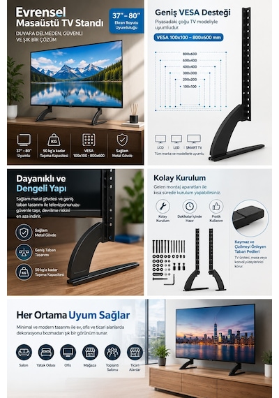 Omniax 37-80" Lcd Led Sabit Ekran Evrensel Masaüstü Tv Standı - 50 Kg A Kadar Destekler