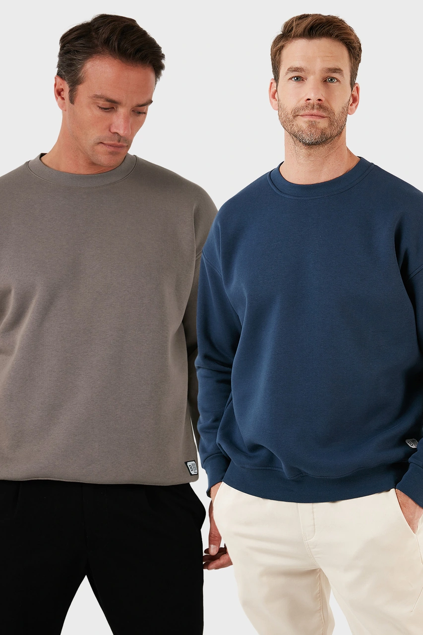 Buratti Regular Fit Bisiklet Yaka Şardonlu 2'Li Paket Erkek Sweat 5905255S2 Indigo-Toprak
