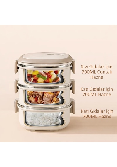 Valkyrie 3 Katlı Yemek Kabı 2100 Ml Termal Çantalı Lunch Box, 304 Paslanmaz Çelik, Bpa İçermez Krem