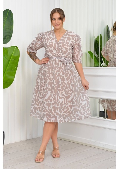 Neşeli Butik Kadın Büyük Beden Desenli Şifon Elbise Nb8063 - Bej