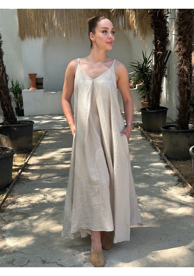Yazlık Keten Askılı Oversize Elbise Bej