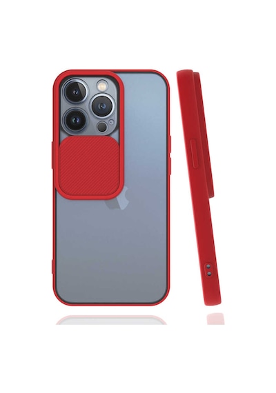 Noktaks - Apple Uyumlu iPhone   13 Pro - Kılıf   Slayt Sürgülü Arkası Buzlu Lensi Kapak - Kırmızı