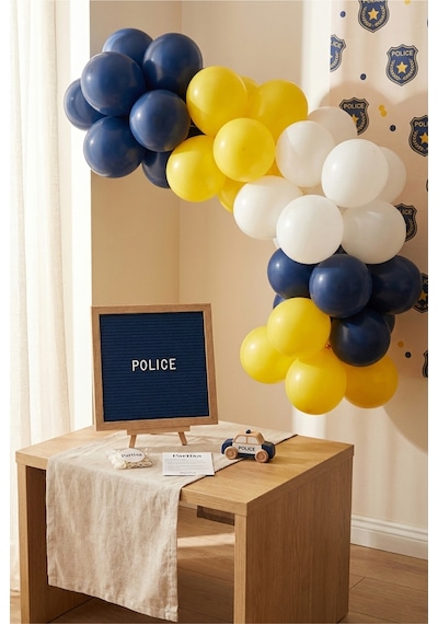 Polis Temalı Doğum Günü Süsleme Classic Set Koyu Mavi Keçe Yazı Panosu Standlı Balon Zincirli El Pompası Polis Seti Çocuk