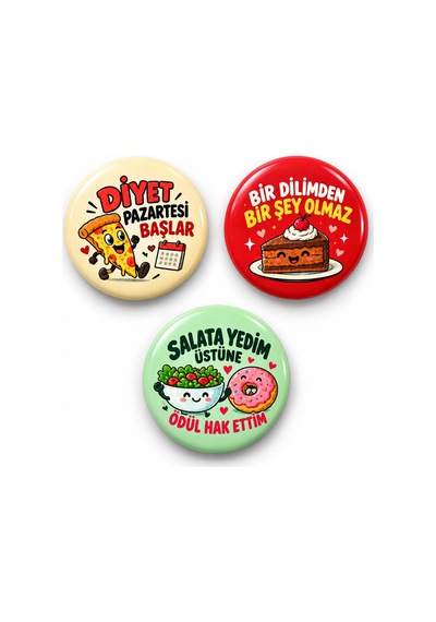 Diyet Pazartesi Başlar - 3 Lü 58mm Rozet Seti Çok Renkli