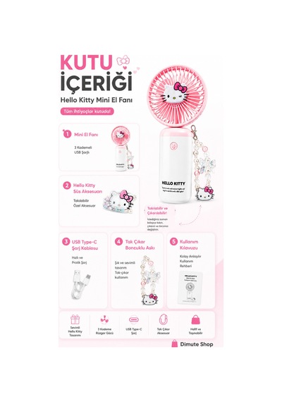 Hello Kitty Mini El Fanı Taşınabilir Usb Şarjlı Sessiz Masa Ve El Tipi Vantilatör Pembe - 892975336