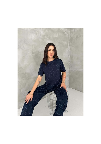 Asur Boutique Asur Butik Kadın Taşlı Bisiklet Yaka Alt Üst Takım Pantolonlu Şık Günlük Kombin Lacivert