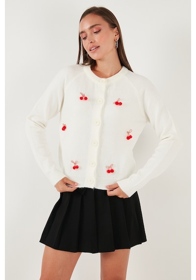 Lela Premium Regular Fit Bisiklet Yaka Kiraz Süslemeli Bayan Hırka 6802939A Ekru