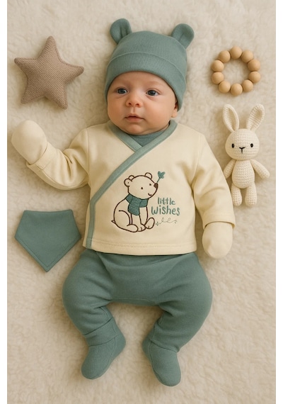 Peruflic Waffle Natural % 100 Pamuk 5'li Erkek Bebek Hastane Çıkış Seti 0-3 Ay