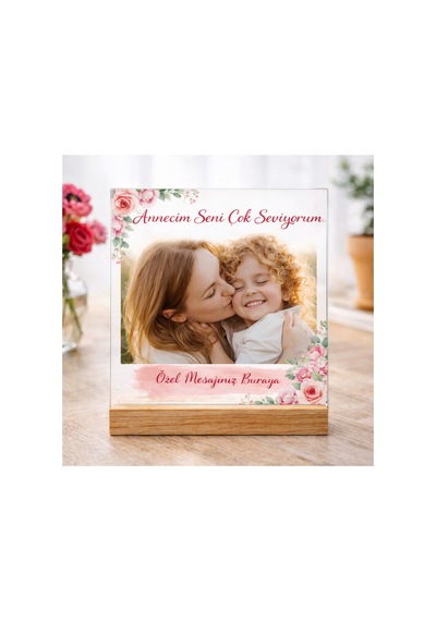 Kişiye Özel Anneler Günü Fotoğraflı Pleksi & Cam Tablo 20x20 Cm Ahşap Ayaklı