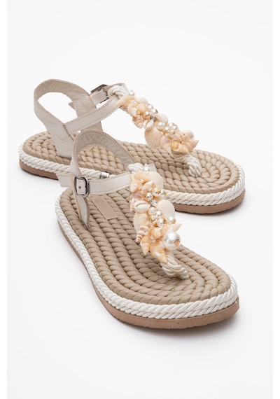 Luvishoes Mıel Bej Deniz Kabuklu Hakiki Deri Kadın Parmak Arası Sandalet Bej