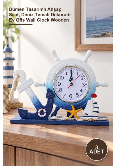 3 Adet Ahşap Marin Dümenli Duvar Saati Dümen Tasarımlı Ahşap Saat, Deniz Temalı Dekoratif Ev Ofis Wall Clock Wooden Diğer